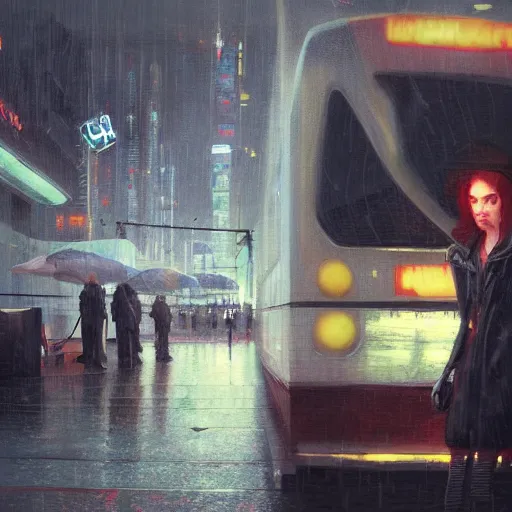 Image similar to detailed portrait of a woman, moment, cyberpunk elevated train, electronic billboards, tech noir, wet reflections, atmospheric, ambient, livia prima, greg rutkowski, edward hopper, pj crook