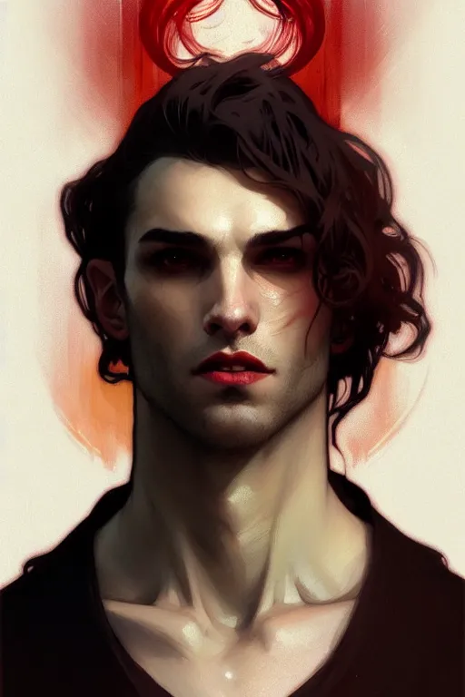 Prompt: portrait of a beautiful young fit male vampire with curly white hairs and yellow eyes, dressed with urban clothes, by greg rutkowski and alphonse mucha, d & d character, gradient white to red, modern nocturnal background, highly detailed portrait, digital painting, artstation, concept art, smooth, sharp focus ilustration, artstation hq