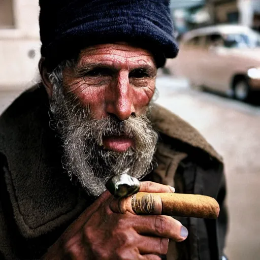 Prompt: homeless millionaire, in expensive clothes and with a cigar, by Steve McCurry, clean, detailed, award winning