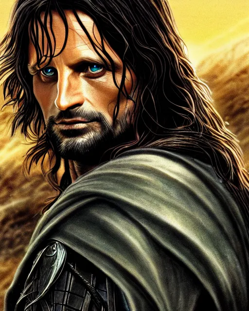 Image similar to Aragorn from Lord of the rings, Cover art by Stephen Bliss, boxart, loading screen, 8K resolution