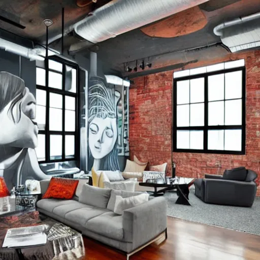 Image similar to trendy downtown loft with modern murals on the wall, modern art and patterns, interior design, beautiful architecture