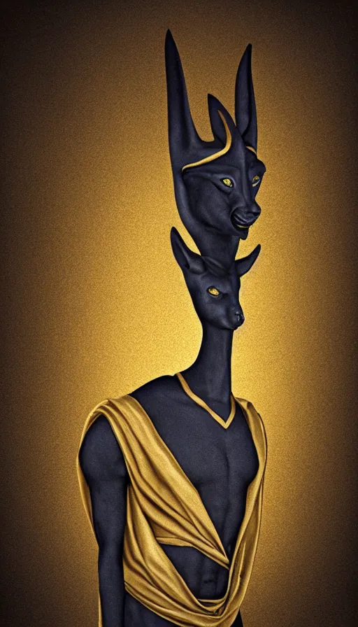 Image similar to obsidian Anubis wearing a gold-rimmed toga, in the style of Lee Jeffries