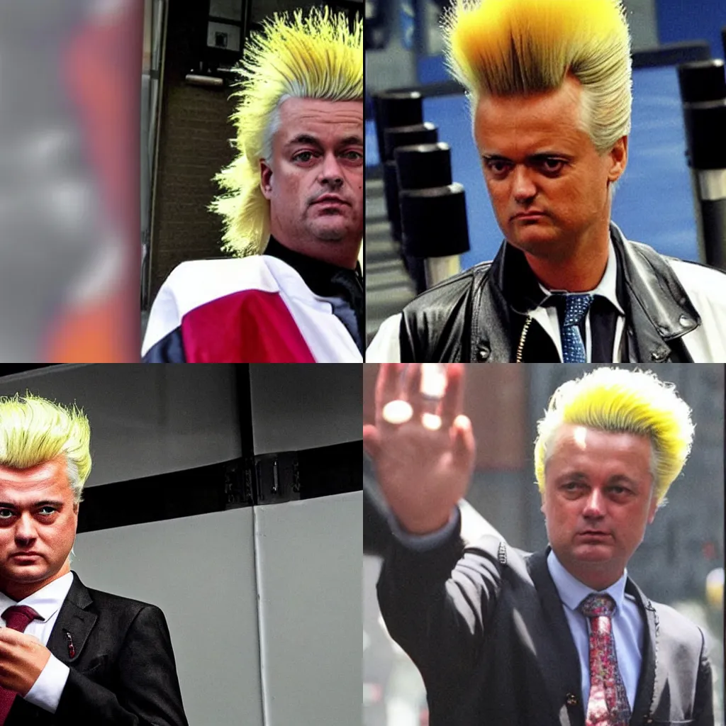 Prompt: Geert wilders with a Mohawk dressed as a Punker