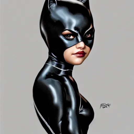 Image similar to full figure ultra realistic illustration, selena gomez as catwoman, intricate, elegant, highly detailed, digital painting, artstation, concept art, smooth, sharp focus, illustration, art by artgerm and greg rutkowski and alphonse mucha