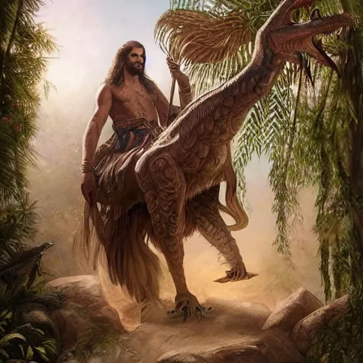 Prompt: a detailed full body tarot card of a ridiculously good looking jesus with long braided and curly hair riding a velociraptor, elegant ancient greek dress, jungle as the background, drinking a martini, wearing a jean jacket and a beenie, very detailed, beautiful, intricate, art by greg rutkowski and rembrandt, octane render