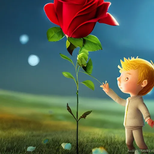 Prompt: the little prince holding a rose illustration, bokeh, octane render, award winning, trending on art station