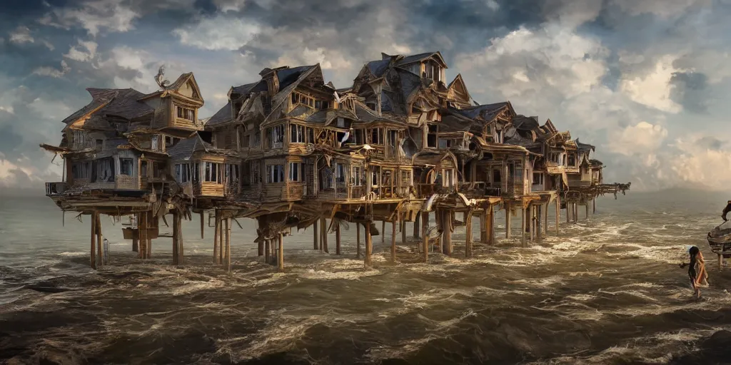 Prompt: a hyperrealistic render of dilapidated houses on stilts half collapsed on the sea shore, outdoor, art by Artgerm and Greg Rutkowski and Alphonse Mucha, hearthstone art style, epic fantasty card game art, Beautiful dynamic dramatic moody lighting, shadows, cinematic, Octane, 8K