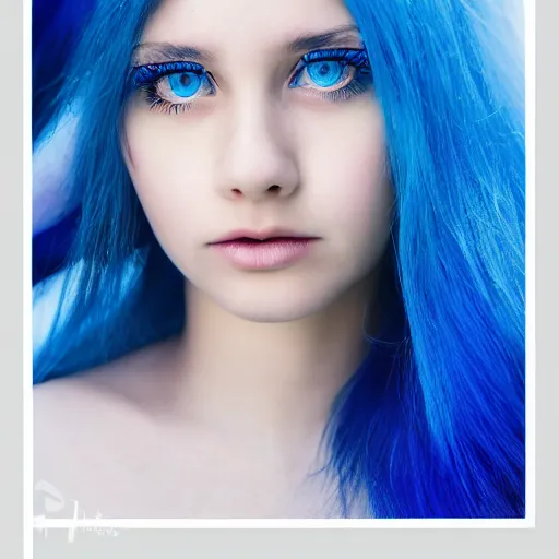 Prompt: teenage girl, blue iris eyes, gradient blue hair, high quality photos, translucent, modelsociety, white radiant skin, rtx on, perfect face, intricate, sony a 7 r iv, symmetric balance, photolab, photography award