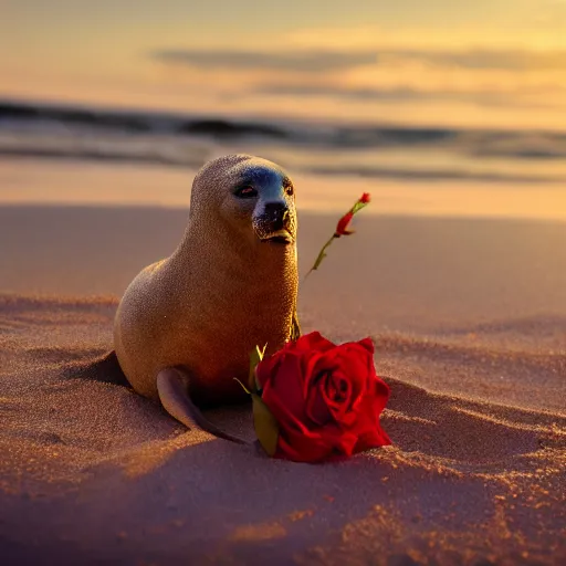 Image similar to cinematic shot of the singer Seal holding a bouquet of roses on a beach at sunset, highly intricate, highly detailed,