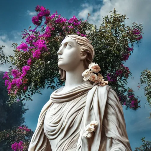 Image similar to a marble statue covered in flowers, full frame, cinematic light , unreal engine,