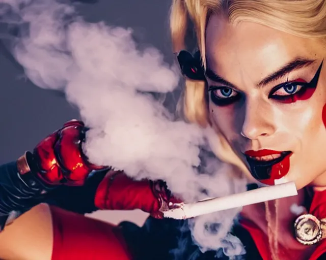 Margot Robbie as a harley quinn smoking a cigarette, | Stable Diffusion ...