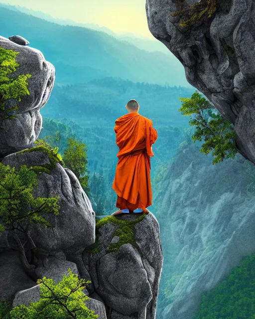 Image similar to a close up of a magical monk floating above a large rock in the mountains with trees in the background. highly detailed beautiful digital wallpaper art, 4 k, cinematic composition