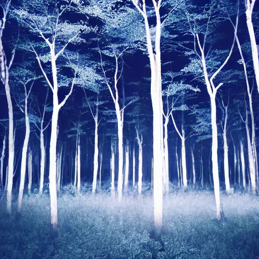 Image similar to An indigo forest in Japan, dark, midnight, seven ghostly white trees