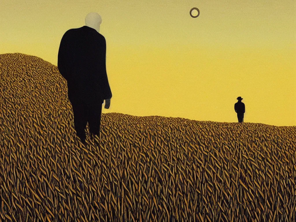 Image similar to a painting of a lonely figure walking away in a wheat field with planet circles above the horizon on a bright noon, minimalistic, sharp edges, elegant, highly detailed, digital painting, artstation, concept art, smooth, sharp focus, colored illustration for tattoo, art by krenz cushart and rene magritte and david inshaw,