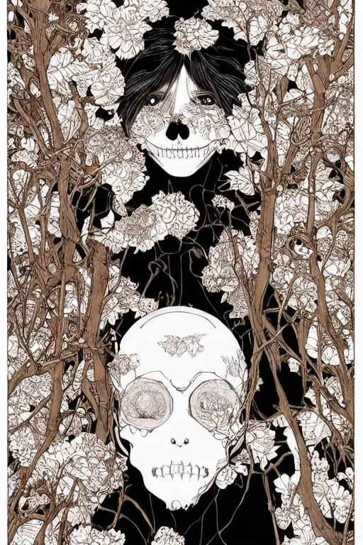 Prompt: m elf in a closed helmet-skull in a dress consisting of flowers. masterpiece 4k digital design by Takato Yamamoto, award winning, Artstation, Takato Yamamoto aesthetic, Neo-Gothic, gothic, forest on background, intricate details, realistic, hyperdetailed, 8k resolution