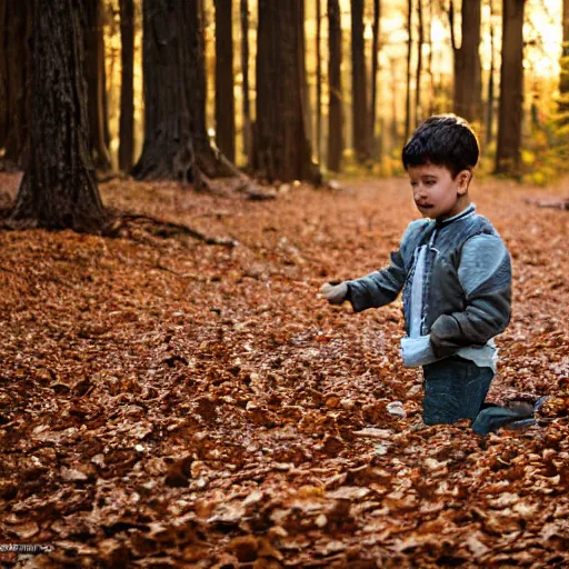 Image similar to A lost boy in the woods finds gingerbread crumbs, XF IQ4, 150MP, 50mm, f/1.4, ISO 200, 1/160s, natural light, Adobe Photoshop, Adobe Lightroom, DxO Photolab, Corel PaintShop Pro, rule of thirds, symmetrical balance, depth layering, polarizing filter, Sense of Depth, AI enhanced, sharpened, denoised, HDR, clean