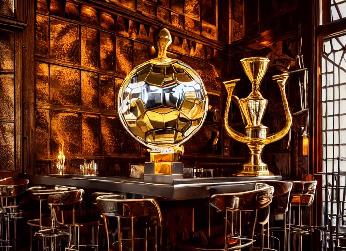 Image similar to a reflective symmetrical polyhedral steel engineering trophy at a high end bar in a medieval themed castle in golden afternoon light, professional food photography