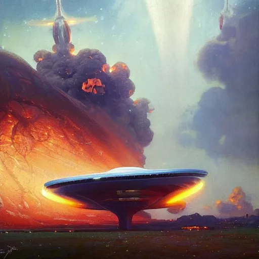 Image similar to a beautiful mothership stuck in the ground, the spaceship is on fire, smoke, rainstorm, lightning, angry, kinetic, john sargent, adolphe bouguereaum, norman rockwell, peter deligdisch, jama jurabaev, sachin teng, sergey kolesov, ruan jia, trending on artstation, highly detailed oil painting,