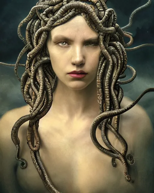 Image similar to beautiful insanely detailed color portrait of a dark and mysterious Medusa with all snake heads looking toward camera, in the style of Greg Rutkowski, 35mm, cinematic shot, photorealistic, hard light, depth of field