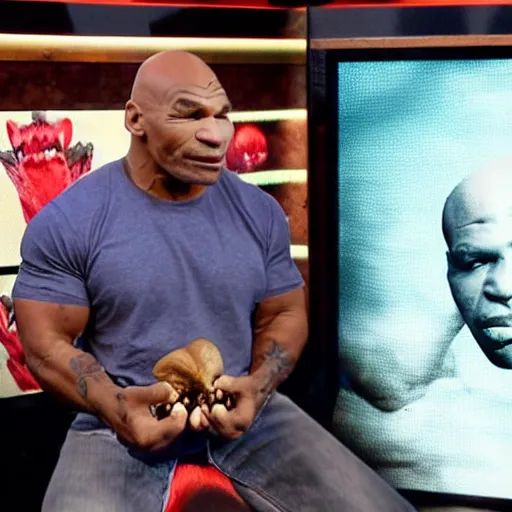 Image similar to mike tyson eating a handful of shrooms on joe rogan podcast