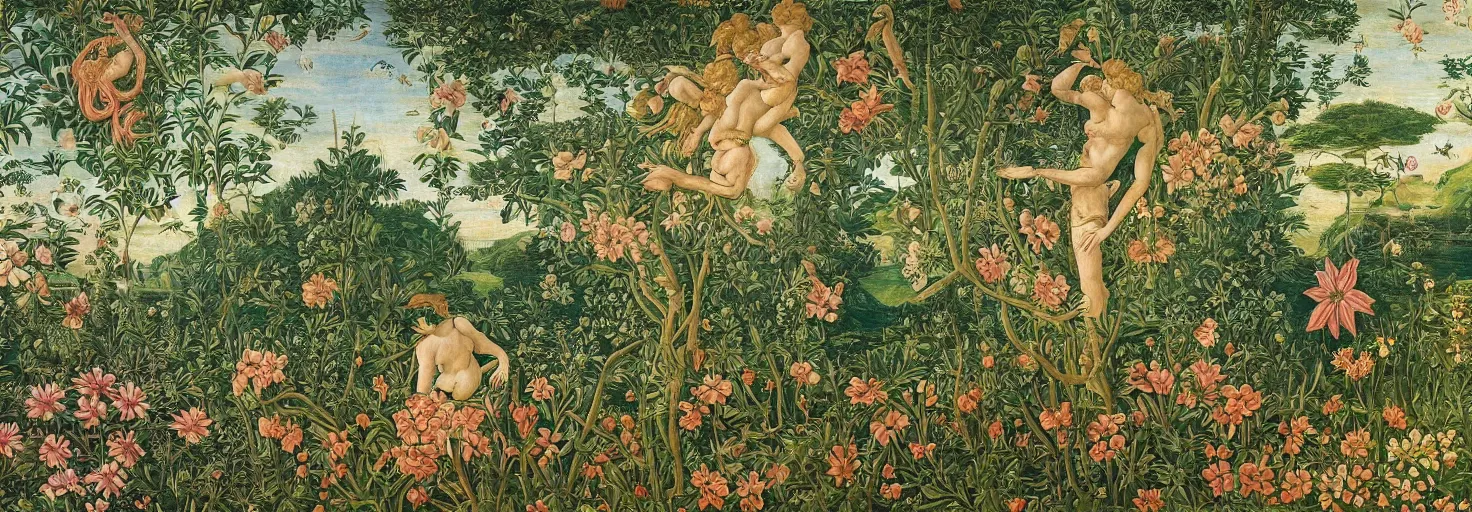 Prompt: beautiful patterned mural depicting a lush floral oasis in a beautiful alien planet, intricate painting, highly detailed, masterful, fantasy world, in the style of sandro botticelli, caravaggio, albrecth durer