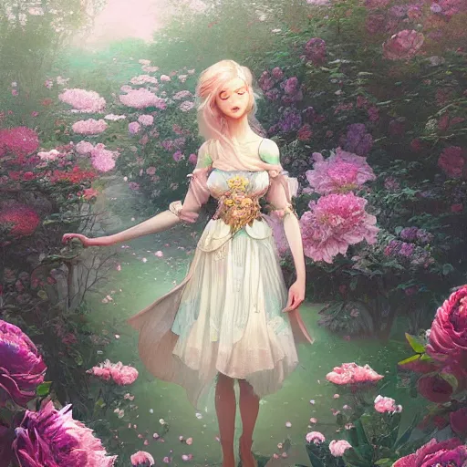 Prompt: cute elven girl wearing the peonies blooming garden as a dress, early morning sky, highly detailed, digital painting, by wlop, james jean, victo ngai! muted colors, highly detailed, fantasy art by craig mullins, thomas kinkade