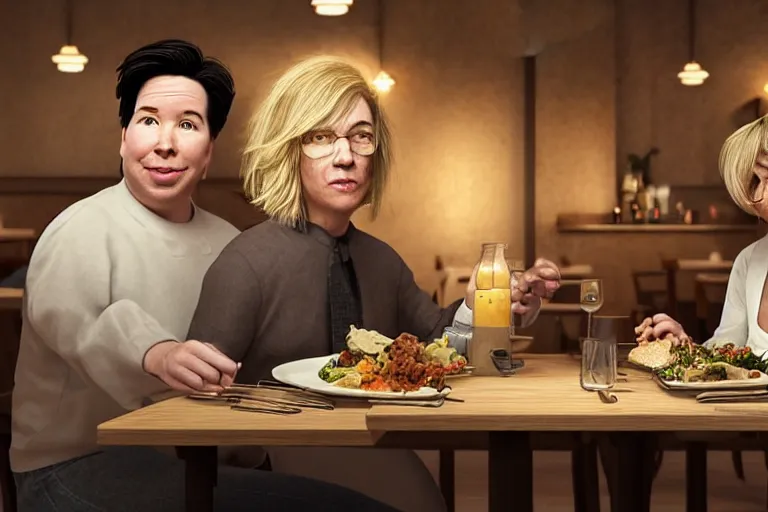 Image similar to portait of michael mcintyre and middle aged blonde woman with short hair and a blonde woman with long hair having dinner at sunday in brooklyn restaurant, anatomy, bathed in light, highly detailed, photorealistic, artstation, smooth, sharp focus, illustration, unreal engine 5, 8 k, art by artgerm and greg rutkowski and edgar maxence