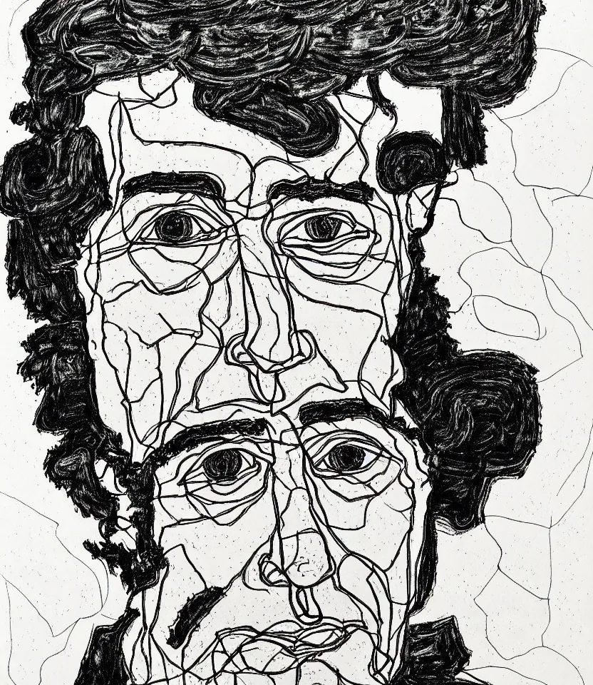 Image similar to detailed line art portrait of henry david thoreau, inspired by egon schiele. caricatural, minimalist, bold contour lines, musicality, soft twirls curls and curves, confident personality, raw emotion