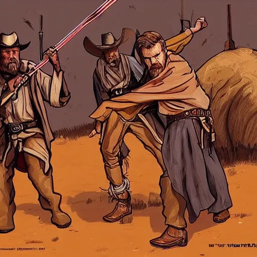 Prompt: “ obi wan kenobi in a fight with a cowboy, wild west, western, highly detailed ”