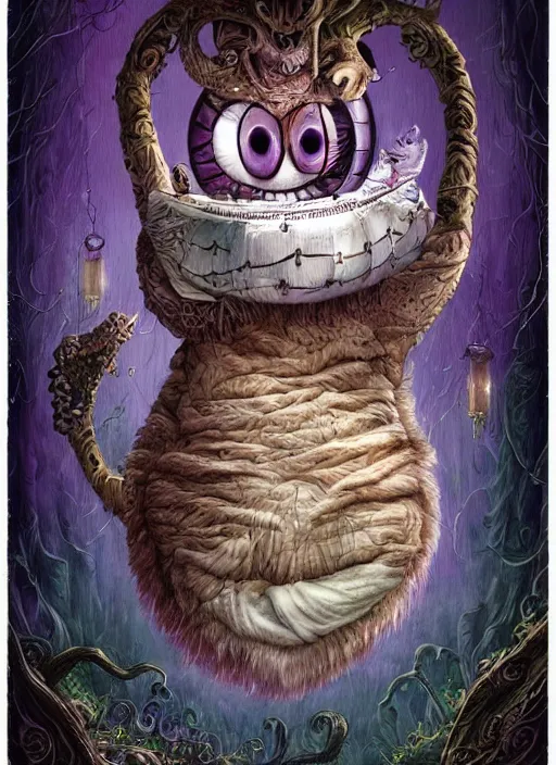 Prompt: cheshire cat the magician tarot card, highly detailed, cinematic, 8 k, bymegan duncanson, benjamin lacombe, naoto hattori, adrian borda, giger, trending on deviantart, hyper detailed, horror, full of colour