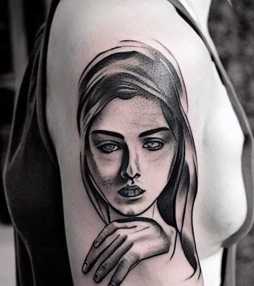 Image similar to tattoo design sketch of a beautiful woman face with mountain scenery on her side, hyper - realistic, double exposure, in the style of matteo pasqualin, amazing detail, black and white, faded
