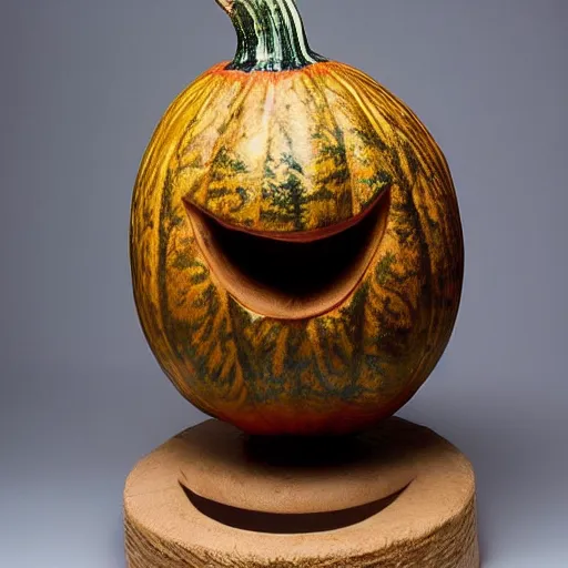 Image similar to a [ gourd ] carved shaped to look like ( amber heard face ) hybrid intercross