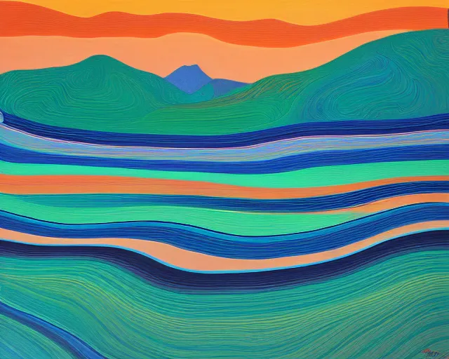 Image similar to A wild, insane, modernist landscape painting. Wild energy patterns rippling in all directions. Curves, organic, zig-zags. Saturated color. Mountains. Clouds. Rushing water. Wayne Thiebaud. Lisa Yuskavage landscape.