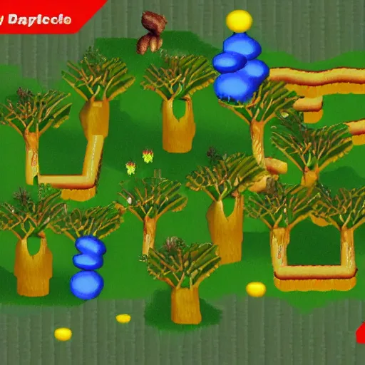 Prompt: nintendo 64 screenshot of a ecology based real time strategy, permaculture, nature, ecosystem, landbuilding