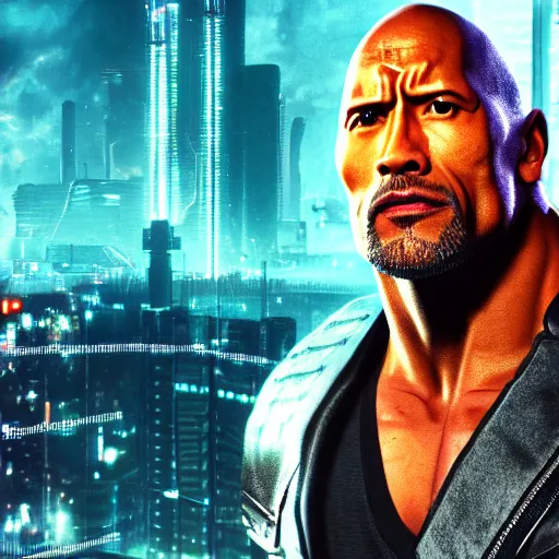 Image similar to dwayne johnson with terminator's eye, cyberpunk 2 0 7 7, photorealistic, ultra detailed, neon, octane, bokeh, cinematic lighting, cyber, cyberpunk city, studio quality, feature, scars, cyberface, 8 k