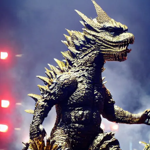 Prompt: Godzilla as Beyoncé performing on stage at Coachella, photo