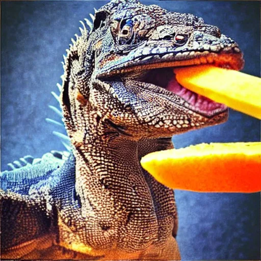 Image similar to “ a muscular komodo dragon, eating orange popsicle, in the style of baz luhrmann, romeo and juliet, hyper realistic, cinematic. ”