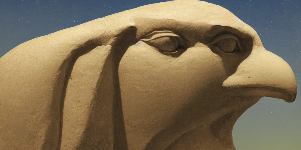 Prompt: a sphinx with a head of a eagle. Hyperrealistic photograph