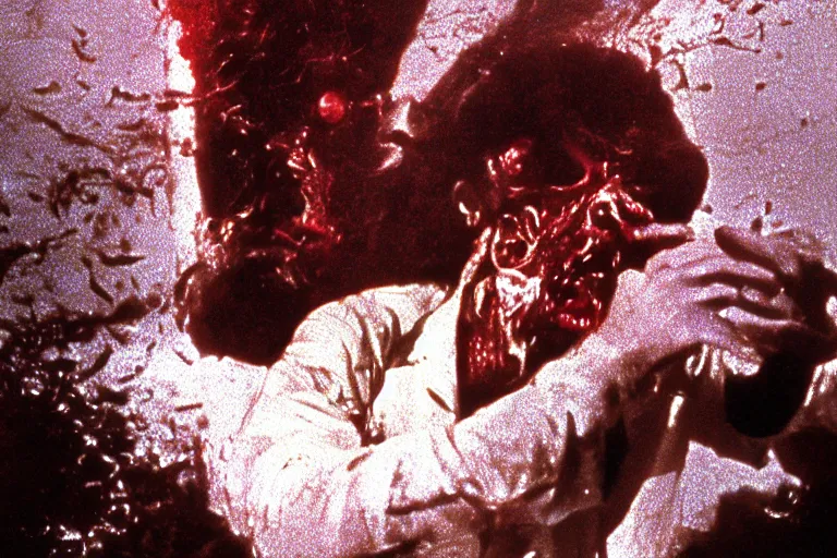 Image similar to filmic wide shot dutch angle movie still 35mm film color photograph of a doctor getting his face torn off and mutilated by a dangerous spined bundle of alien worms coming from off camera, blood flying in the air, in the style of a 1982 horror film