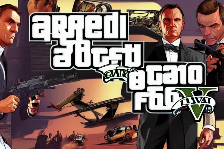 Image similar to GTA V cover art based on James Bond, starring 007 James Bond