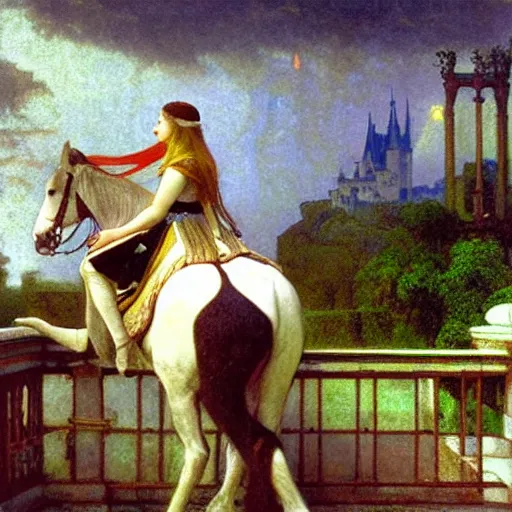 Image similar to Girl riding a horse leaving the castle through the bridge, thunderstorm, french garden on the background major arcana sky, by paul delaroche, alphonse mucha and arnold böcklin arnold böcklin hyperrealistic 8k, very detailed