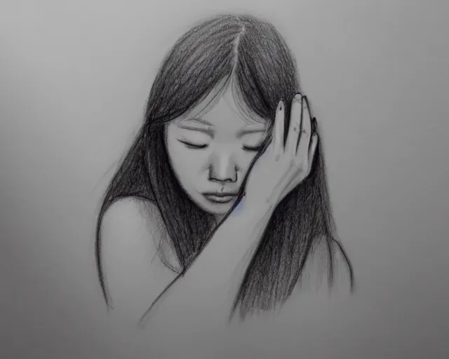 Image similar to a drawing of a woman covering her face with her hands, a sketch by choro choi, thick stroke, trending on artstation, context art, pencil sketch, high detail, kinetic