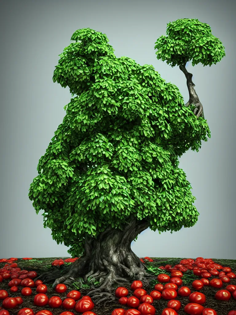 Image similar to highly detailed 3 d render of a mythical tree with sparse leaves of tomatoes and mozzarella balls and basil leaves, hyper realistic octane render, cinematic lighting, deviantart, lowbrow, surrealism, pixar still