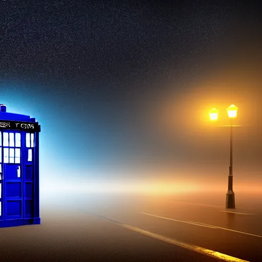 Image similar to a hyperdetailed photograph of the tardis sat on a futuristic street corner, night, dense fog, rain, hd, 8 k resolution