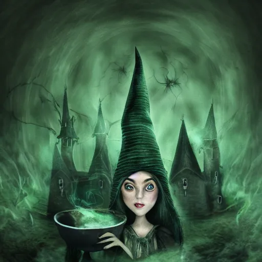 Image similar to close shot of a witch in her lair brewing a magical potion, depressing, gloomy, tired, detailed, witch hat, dungeon, green smoke, fire, smoke, realism, realistic, hyper detailed, green lighting, ambient lighting, green smoke, fog, smoke, cinematic lighting, haze, bokeh, trending on artstation, detailed face, symmetric face, mythical, colorful, pop art, vector art, retro,