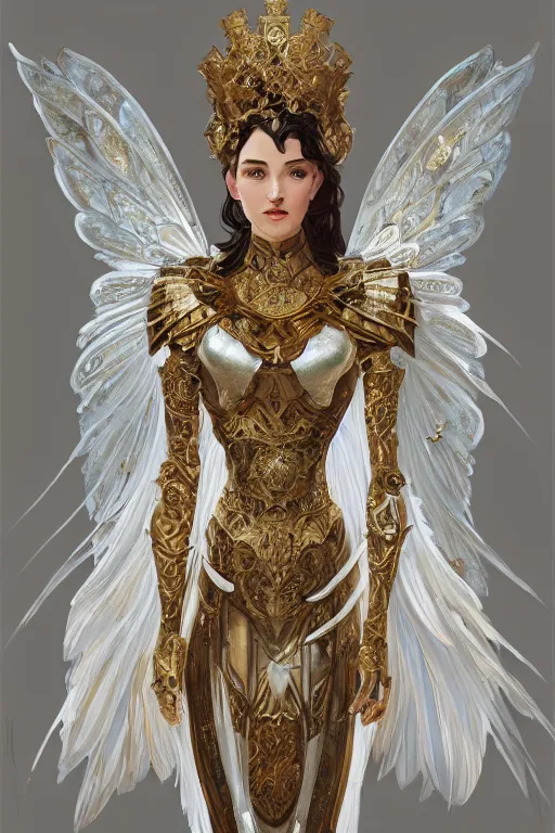 Image similar to full body portrait of a queen wearing white armor with ornate bronze and gold, white gossamer wings, art nouveau, profile, 4K, character concept art, oil painting, trending in artstation, cgsociety, by nekro, Alphonse Mucha, Artgerm, Greg Rutkowski and Craig Mullins