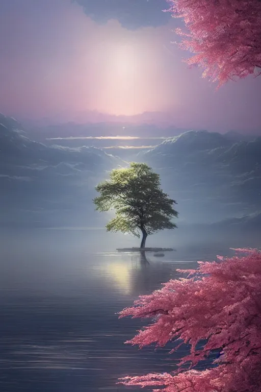 Prompt: vanishing point a single sakura tree upon a lake, viewed from afar, stephen bliss, mist, unreal engine, fantasy art by greg rutkowski, loish, rhads, ferdinand knab, makoto shinkai and lois van baarle, ilya kuvshinov, rossdraws, tom bagshaw, global illumination, radiant light, minimalist, detailed and intricate environment