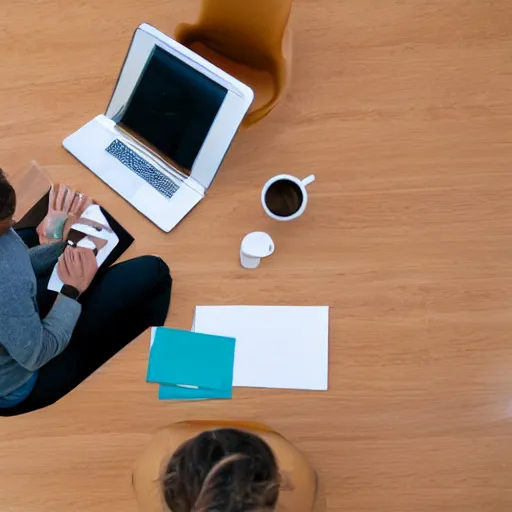 Prompt: overhead view of two people sitting at a table in a bare room