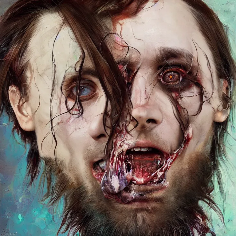 Prompt: screaming jared leto in the style of adrian ghenie, 3 d render, face close up, esao andrews, jenny saville, surrealism, dark art by james jean, ross tran