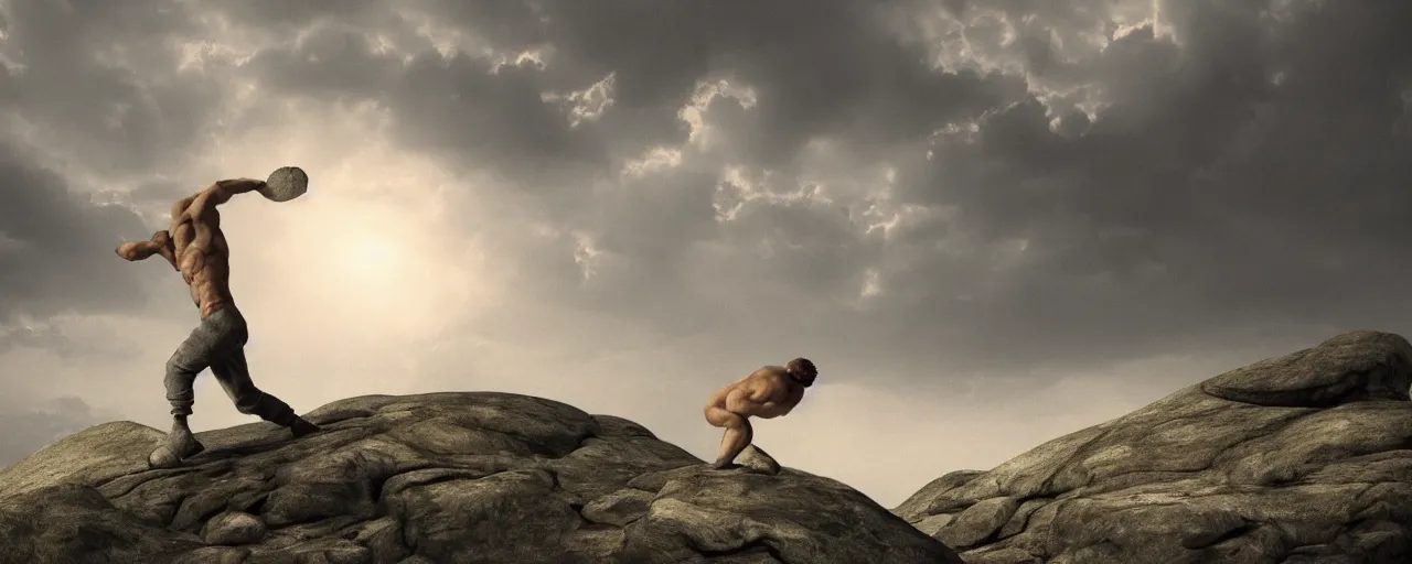 Prompt: Sisyphus rolling a stone up a mountain, the stone is round, the mountain is steep, melancholic mood, photo realistic, 8k, HD, trending on artstation